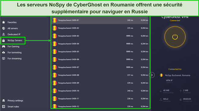 Capture d'écran de la liste des serveurs NoSpy de CyberGhost en Roumanie