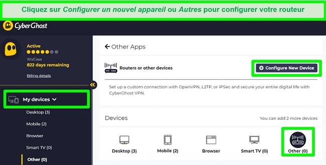 Capture d'écran des options de configuration du routeur CyberGhost dans les paramètres du compte