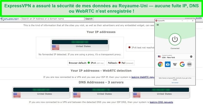 Capture d'écran du test de fuite ExpressVPN d'IPLeak.net ne montrant aucune fuite de données.