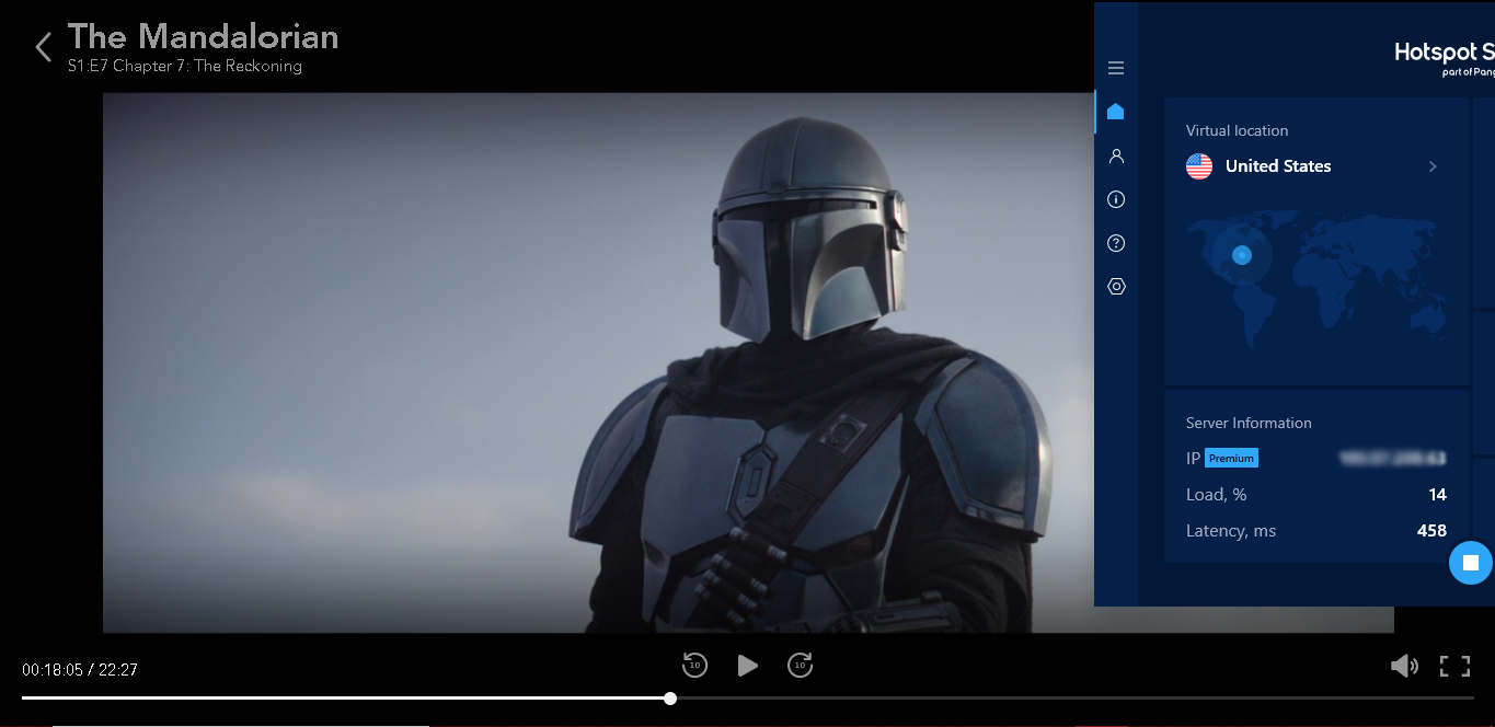 Screenshot of Hotspot Shield streaming The Mandalorian on Disney Plus