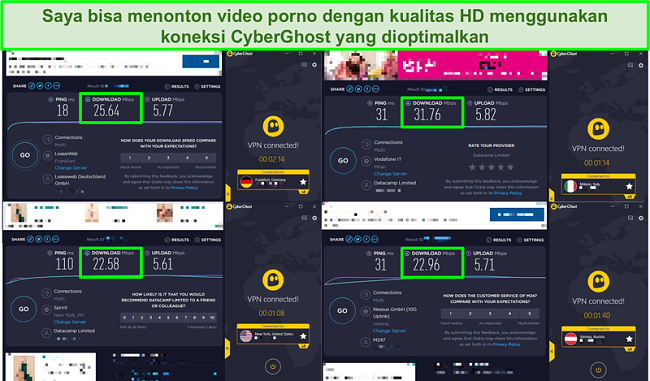 Tangkapan layar dari 4 uji kecepatan yang dilakukan pada server yang dioptimalkan CyberGhost