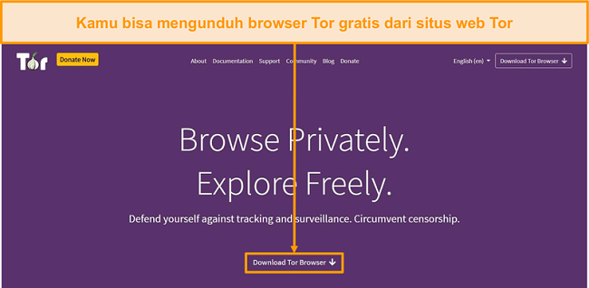 Tangkapan layar dari situs web resmi Tor