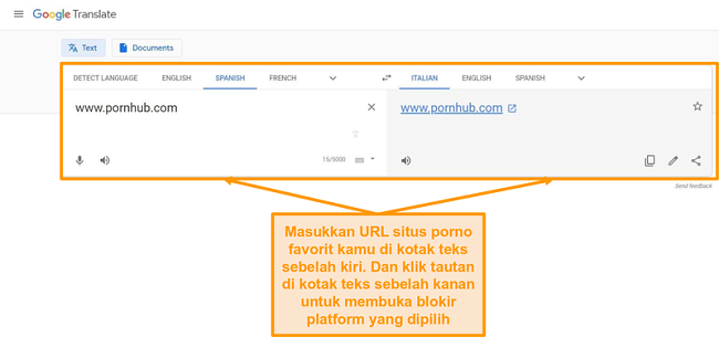 Tangkapan layar dari membuka blokir situs porno menggunakan Google Terjemahan