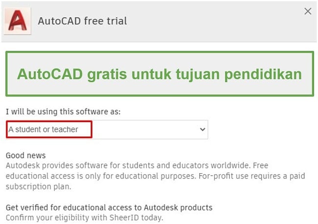 AutoCAD gratis untuk tujuan pendidikan