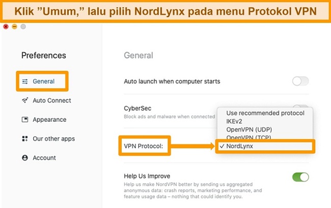 Tangkapan layar aplikasi NordVPN dan pengaturan Protokol VPN di MacOS