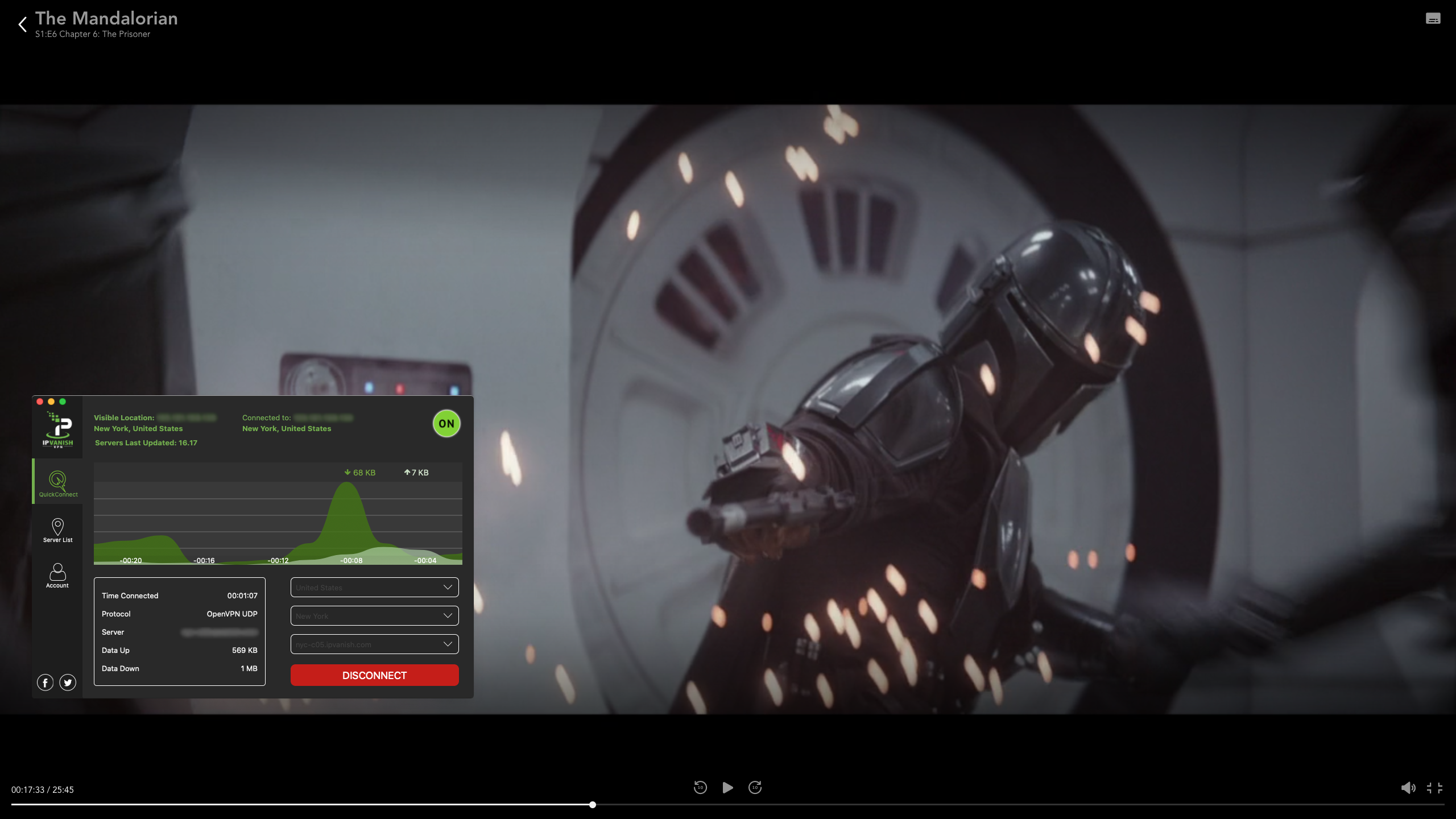 Captura de pantalla de ipvanish transmitiendo el mandalorian en Disney Plus