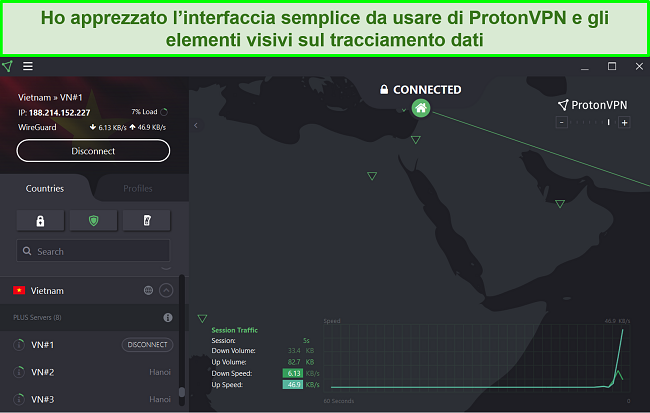 Screenshot dell'interfaccia utente di ProtonVPN
