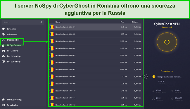Screenshot dell'elenco dei server NoSpy di CyberGhost in Romania