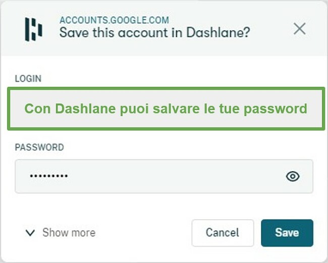 Dashlane ti chiede se desideri memorizzare nomi utente e password