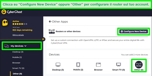 Screenshot delle opzioni di configurazione del router CyberGhost nelle impostazioni dell'account