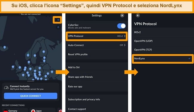 Screenshot dell'app NordVPN per iOS e delle impostazioni del protocollo VPN