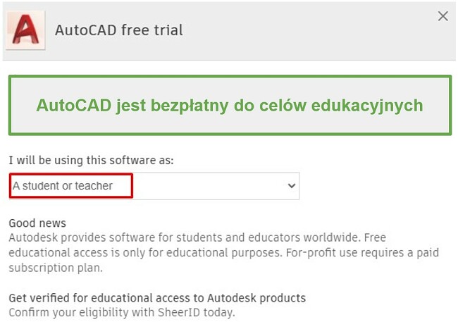 Program AutoCAD jest bezpłatny do celów edukacyjnych
