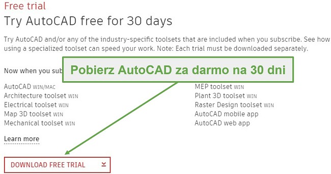 AutoCAD oferuje 30-dniową bezpłatną wersję próbną dla profesjonalistów