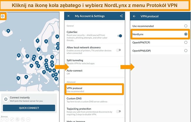 Zrzut ekranu aplikacji NordVPN i ustawień protokołu VPN w systemie Android