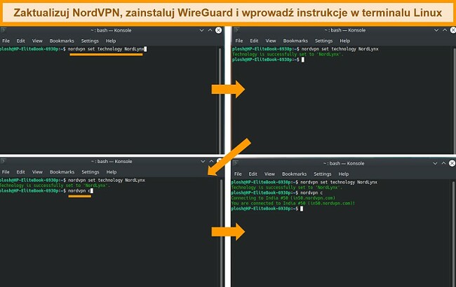 Zrzut ekranu aplikacji NordVPN Linux i ustawień protokołu VPN