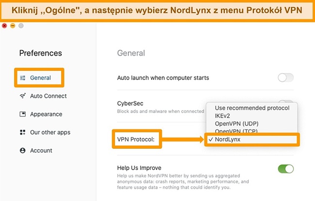 Zrzut ekranu aplikacji NordVPN i ustawień protokołu VPN w systemie MacOS