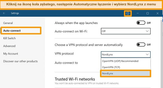 Zrzut ekranu aplikacji NordVPN i ustawień VPN w systemie Windows