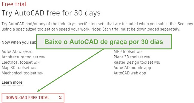 O AutoCAD oferece um teste gratuito de 30 dias para profissionais de negócios