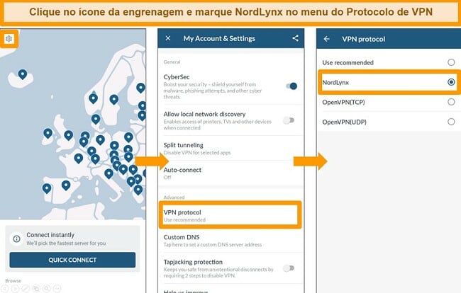 Captura de tela do aplicativo NordVPN e configura&ccedil;&otilde;es do protocolo VPN no Android