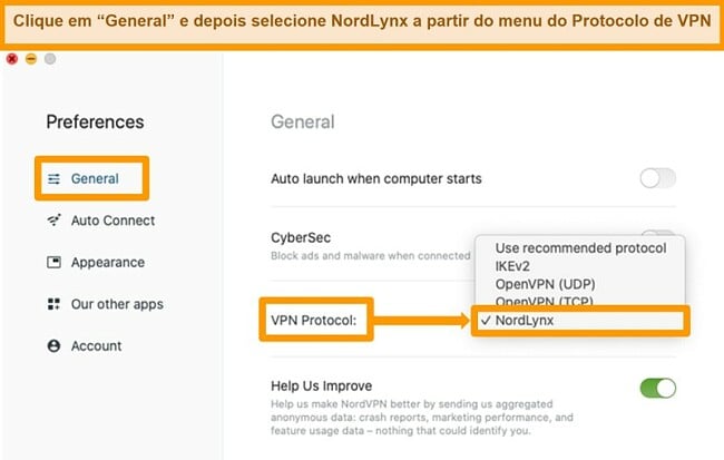 Captura de tela do aplicativo NordVPN e configura&ccedil;&otilde;es do protocolo VPN no MacOS