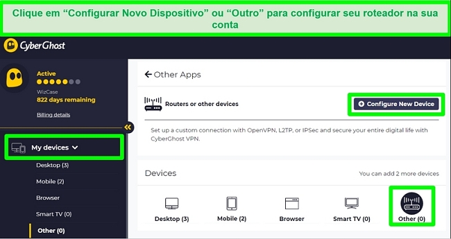 Captura de tela das opções de configuração do roteador CyberGhost nas configurações da conta.