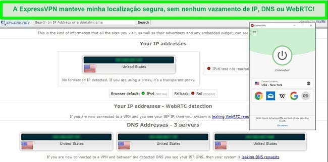 Captura de tela do teste de vazamento ExpressVPN do IPLeak.net mostrando nenhum vazamento de dados.