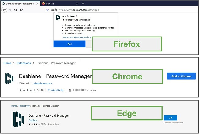 Dashlane are extensii pentru Chrome, Firefox, Edge și Safari