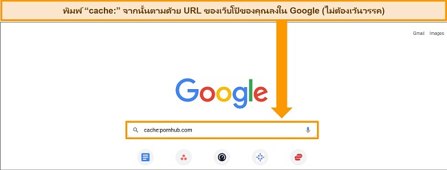 ภาพหน้าจอของหน้าแรกของ Google แสดงวิธีค้นหาเว็บไซต์เวอร์ชันแคช