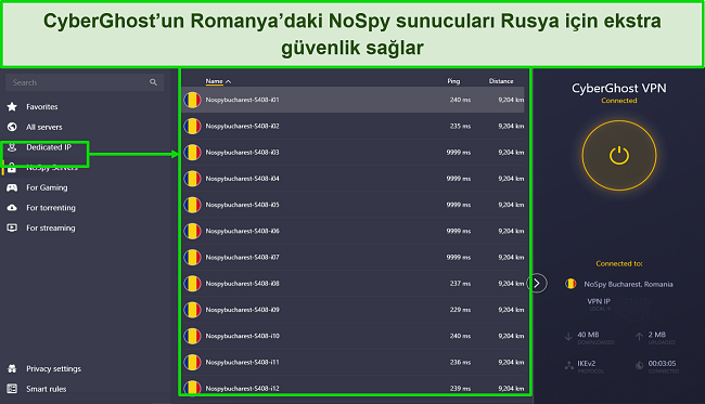 CyberGhost'un Romanya'daki NoSpy sunucuları listesinin ekran g&ouml;r&uuml;nt&uuml;s&uuml;