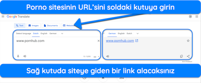 Bir porno sitesine erişmek için Google Çeviri'yi kullanmanın ekran görüntüsü