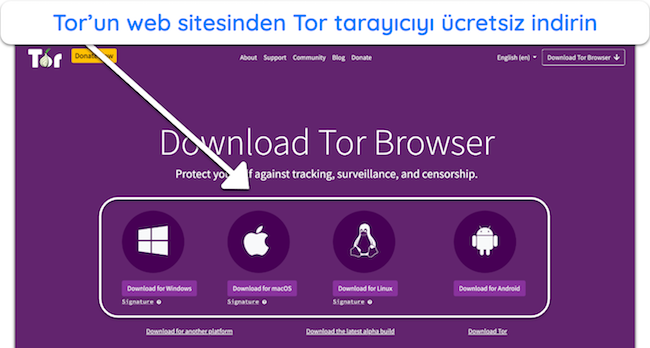 Tor tarayıcı indirme sayfasının ekran görüntüsü