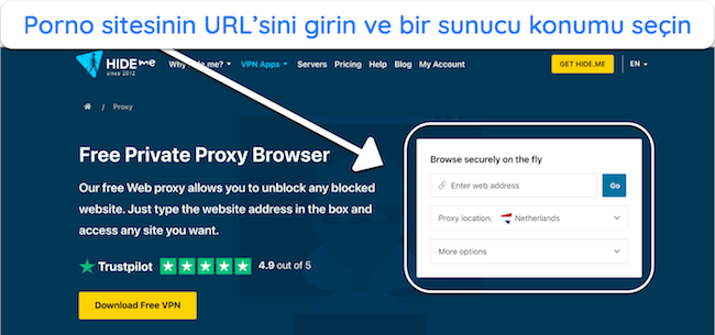 Hide.me'nin proxy tarayıcısının ekran görüntüsü