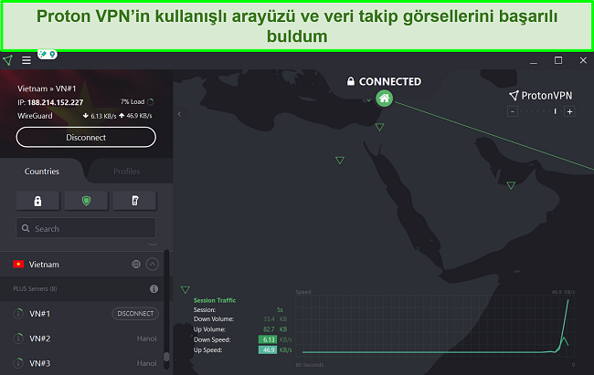 ProtonVPN'in kullanıcı aray&uuml;z&uuml;n&uuml;n ekran g&ouml;r&uuml;nt&uuml;s&uuml;