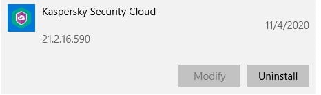 لقطة شاشة لإلغاء تثبيت "Kaspersky Security Cloud"