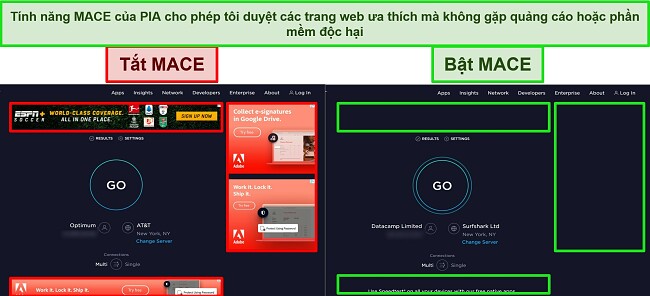 Ảnh chụp màn hình hiển thị sự khác biệt giữa hai trang web Ookla khi tắt và bật tính năng chặn phần mềm độc hại và quảng cáo MACE