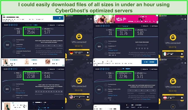 Screenshot of 4 speed tests using CyberGhost's optimized servers