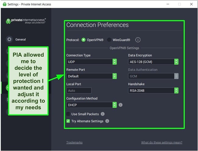 Screenshot of PIA's available security settings