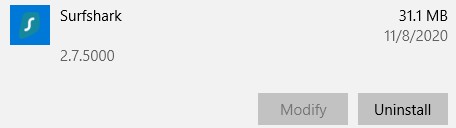 Screenshot of Uninstall Surfshark
