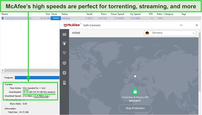 Screenshot of McAfee VPN connected to a German server while downloading a 35GB torrent file.