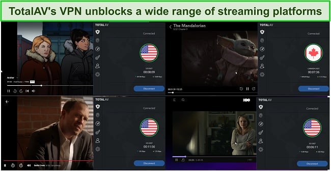 Screenshot of TotalAV's VPN unblocking Hulu, Disney+, Netflix, and HBO Max.