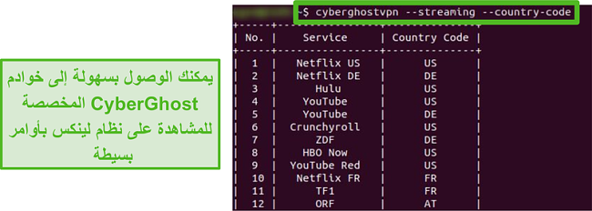 لقطة شاشة لخوادم البث المخصصة لـ CyberGhost على Linux.