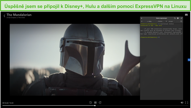 Screenshot ExpressVPN na Linuxu odblokování Mandalorian z Disney + USA.
