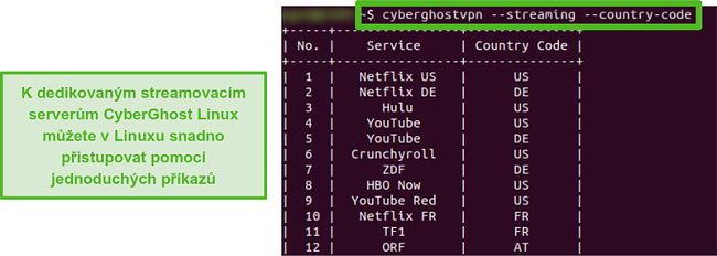Screenshot dedikovaných streamovacích serverů CyberGhost v systému Linux.