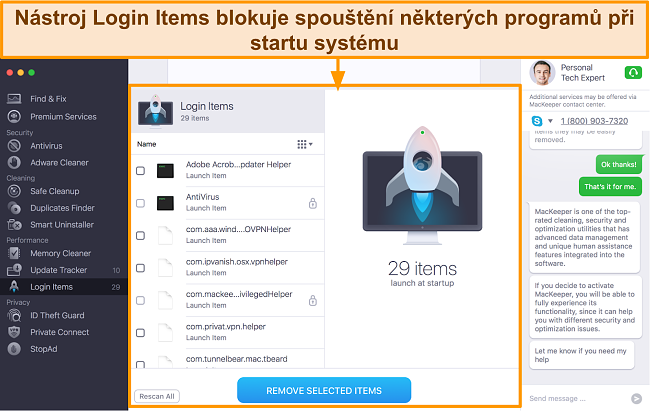 Obrázek přihlašovacích položek Mackeeper zobrazující programy, které je třeba odebrat během spouštění