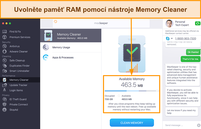 Obrázek rozhraní MacKeeper's Memory Cleaner identifikující využití RAM