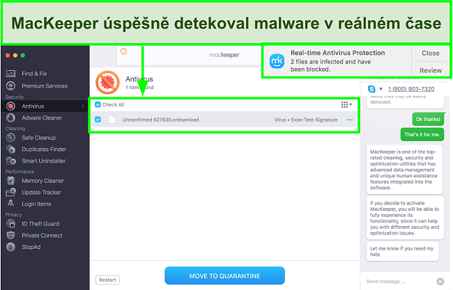 Obrázek MacKeeper identifikující malware v reálném čase