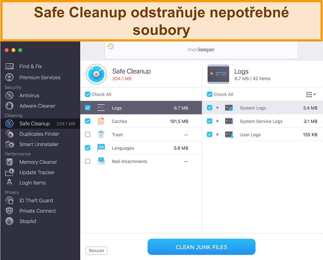 Obrázek bezpečného vyčištění MacKeeper identifikující nevyžádané soubory k vymazání