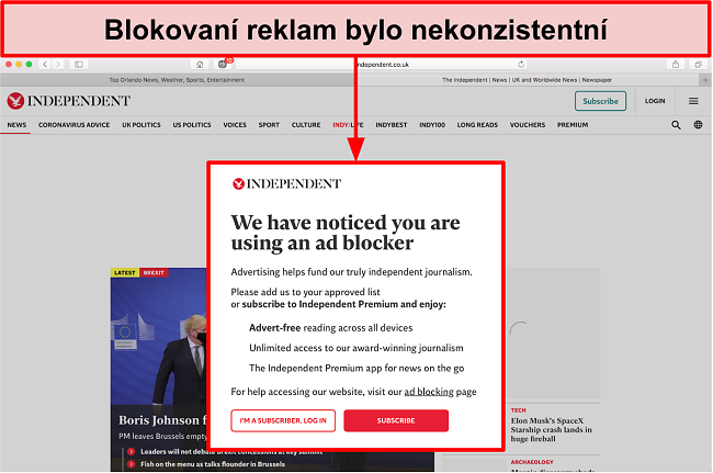 Obrázek webu, který zjistil, že byly použity stop reklamy