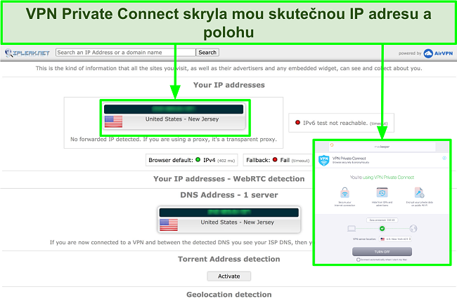 Obrázek sítě VPN MacKeeper úspěšně skrývající IP adresu během testu