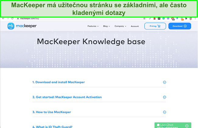 Obrázek online znalostní báze MacKeeper poskytující užitečné odpovědi na běžné otázky